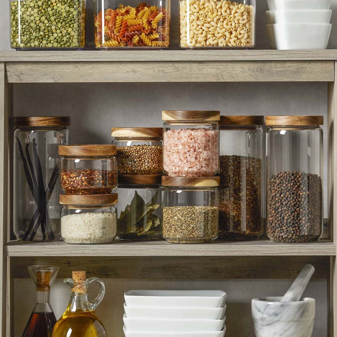 the food storage containers in a pantry