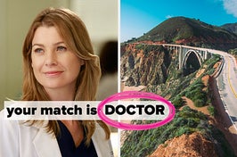 doctor meredith grey on the left and an elevated road in the side of a mountain on the right