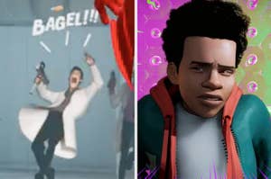 A scientist getting hit with a bagel and Miles's spider-sense being purple and green in Into the Spider-Verse