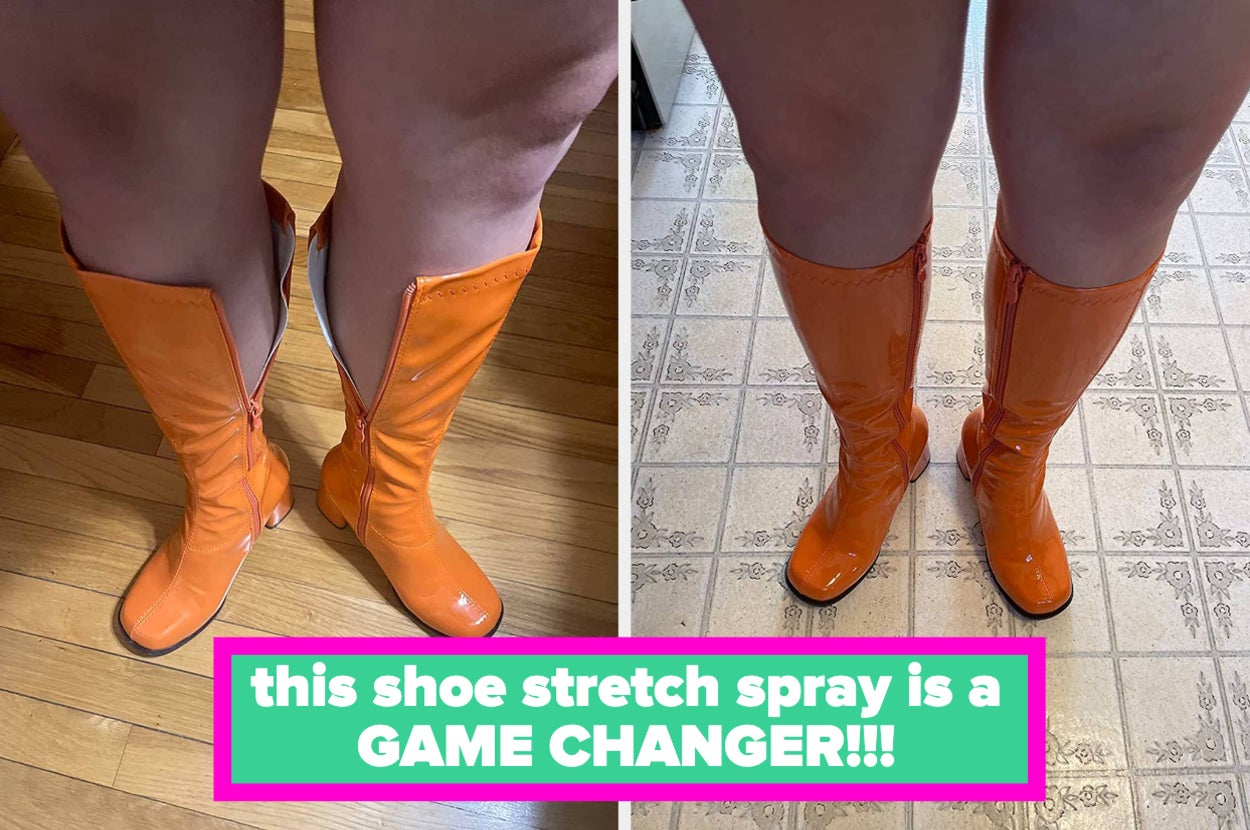 a before and after for a shoe stretch spray