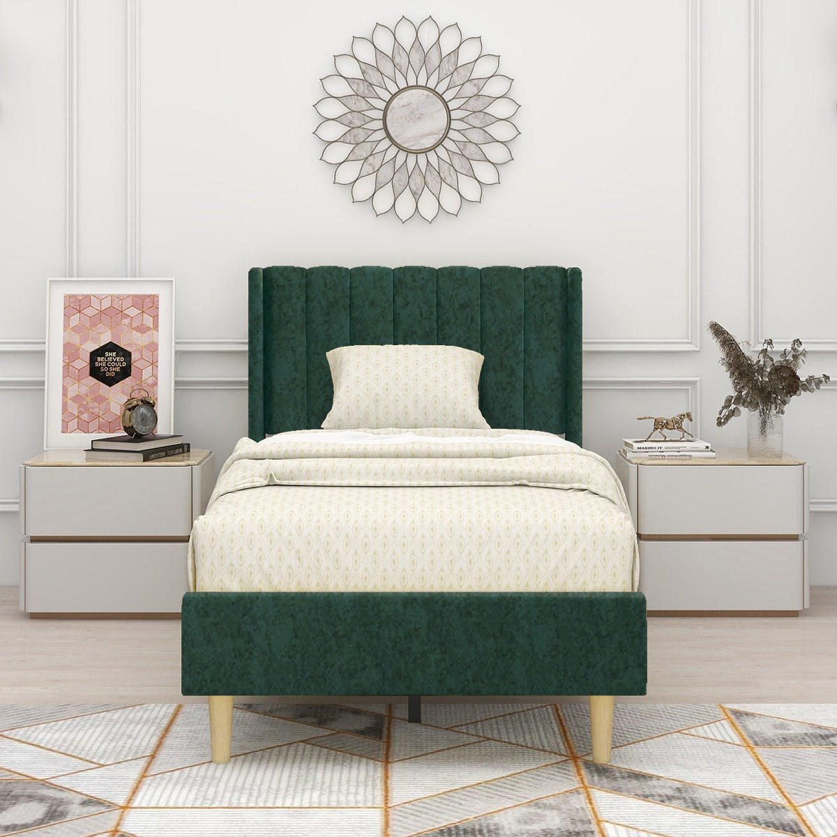 bed with a green upholstered bed frame