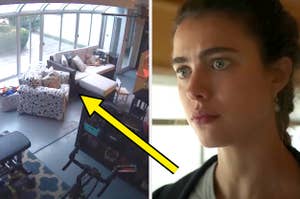 arrow pointing to security camera footage and margaret qualley in maid looking pensively