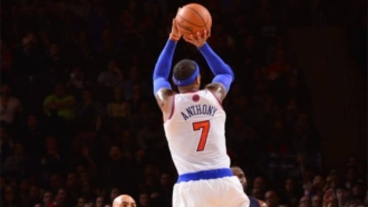 For his historic performance, Melo laced up the 'Knicks' colorway of his brand new Jordan Melo M10 signature shoe.