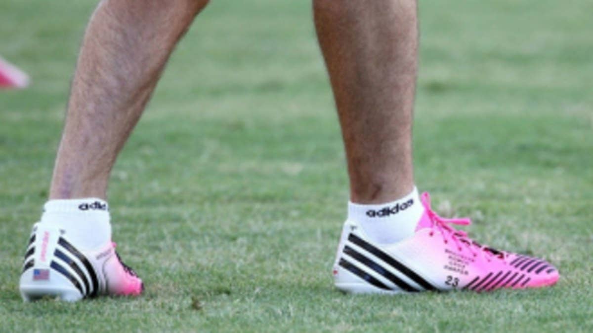 In the LA Galaxy's 3-1 SuperClasico victory over Chivas USA on Saturday, midfielder David Beckham laced up an exclusive pink-based colorway of adidas' newest Predator soccer cleats, the Lethal Zones.