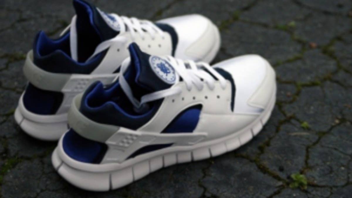 Continuing it's run as one of the most popular styles of 2012, the Huarache Free 2012 is on it's way in a smooth white and blue  color combination.  