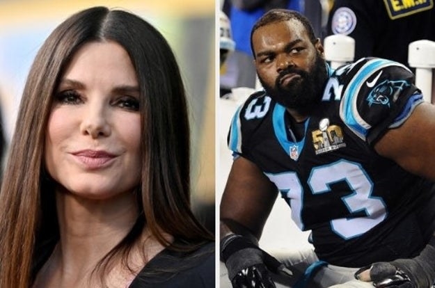 Sandra Bullock on the left side, Michael Oher on the right side.