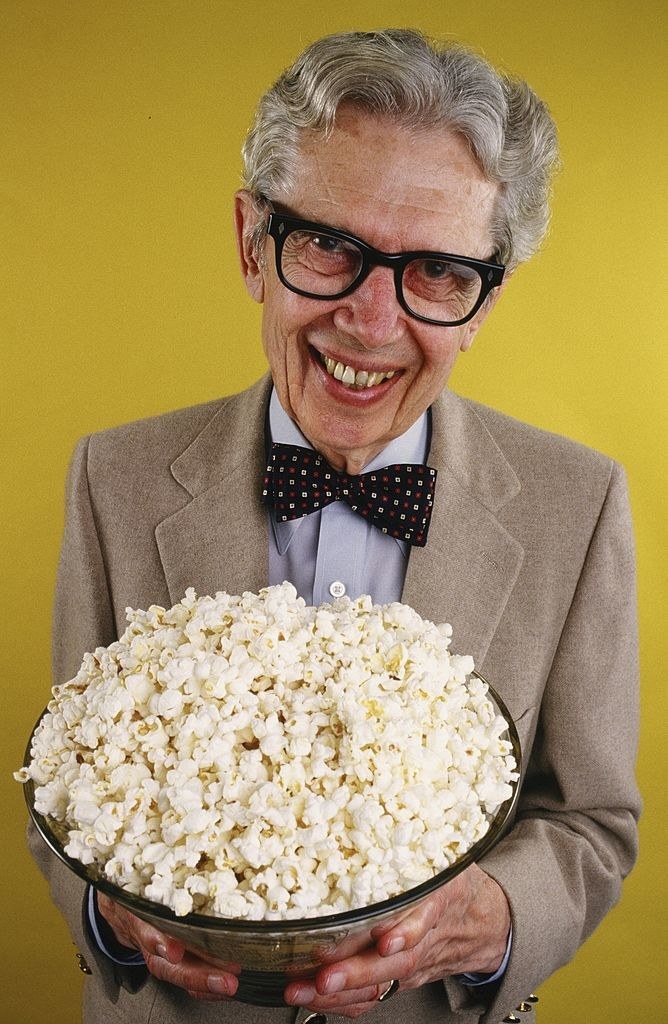 Closeup of Orville Redenbacher holding popcorn