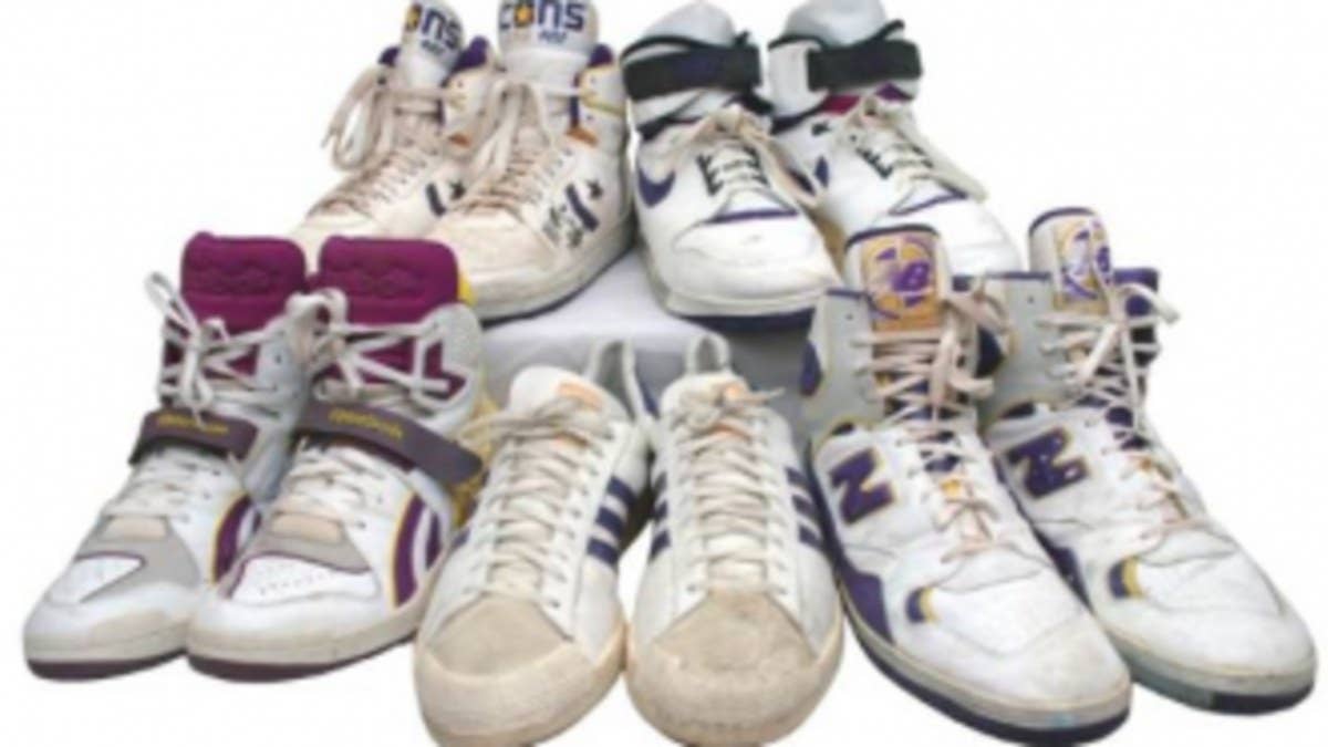 An entire lineup of game-issued sneakers worn by the back-to-back NBA Champion Los Angeles Lakers team from the 1987-1988 season.