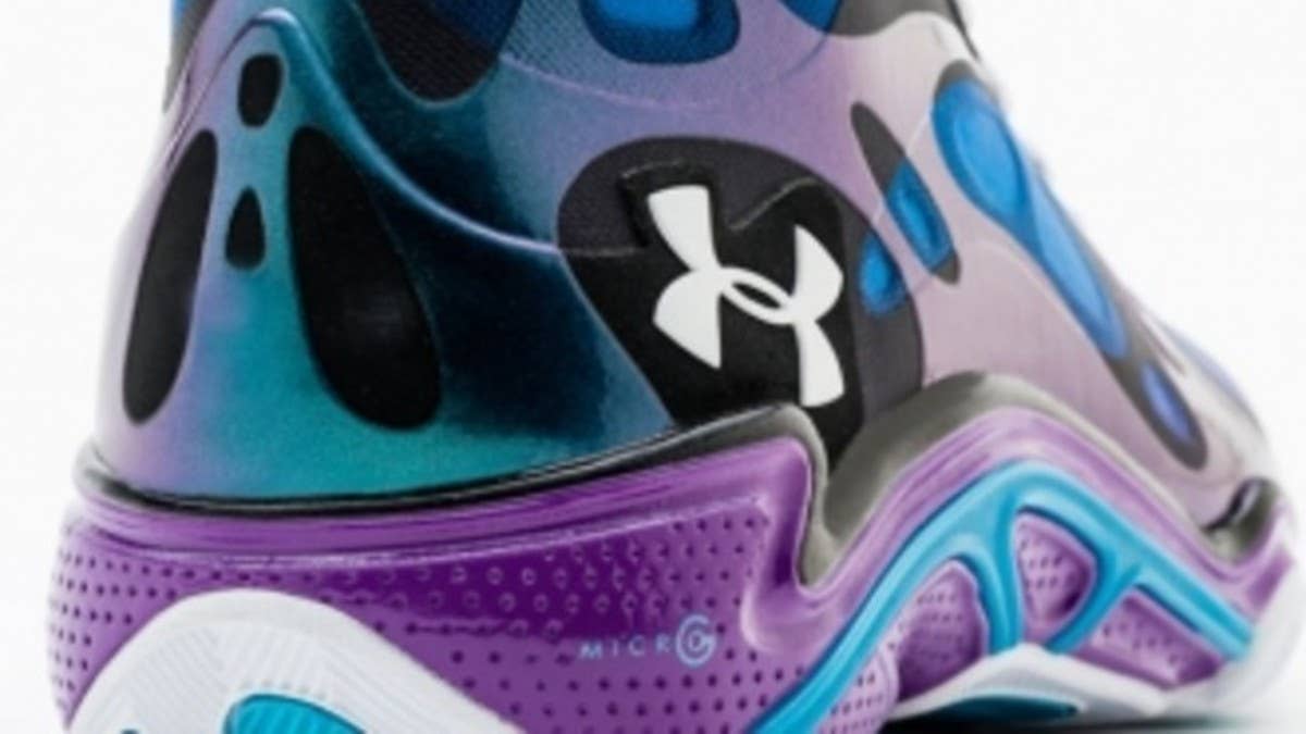 The mid and low-tops are treated to an iridescent purple and teal colorway inspired by the soon-to-return Charlotte Hornets.