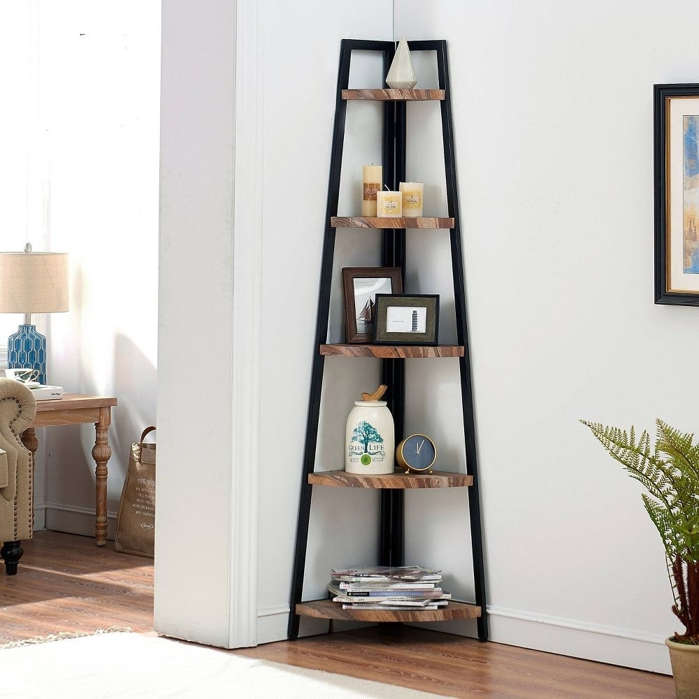 Freestanding corner metal frame shelf
