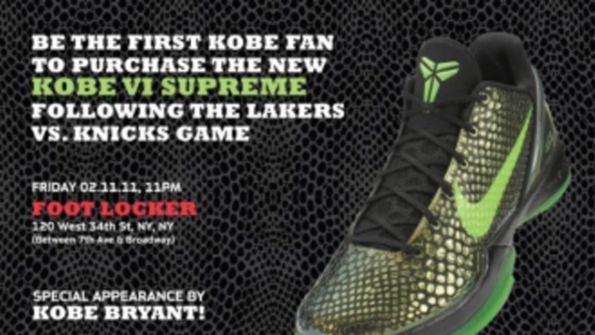 After taking on the Knicks at Madison Square Garden, Kobe Bryant will head to Foot Locker for an early "Rice" Kobe VI launch event.