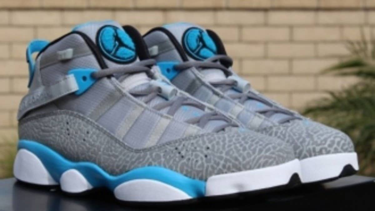 The return of the Jordan Six Rings will also include this combination of elephant print and dark powder blue over the classic hybrid.