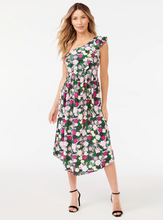 one shoulder dress on model