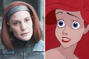 Katee Sackhoff as Bo-Katan in The Mandalorian and Ariel from The Little Mermaid