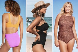 on left: model in colorblock orange and pink one-piece. in middle: model in black scallop design one-piece. on right: model in brown leopard-print one-piece