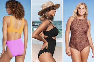 on left: model in colorblock orange and pink one-piece. in middle: model in black scallop design one-piece. on right: model in brown leopard-print one-piece