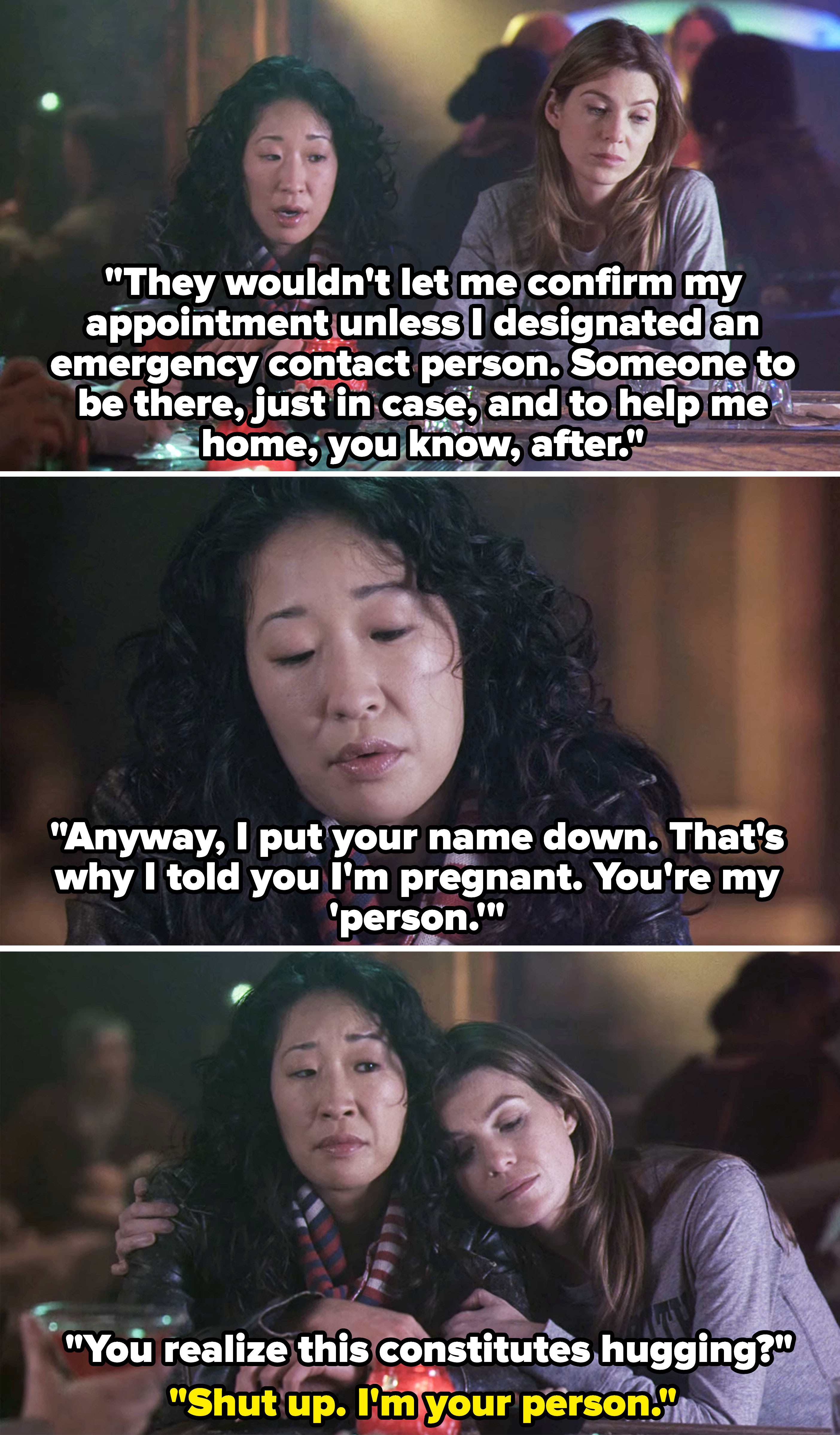 Christina Yang and Meredith having a heart-to-heart conversation about Christina being pregnant