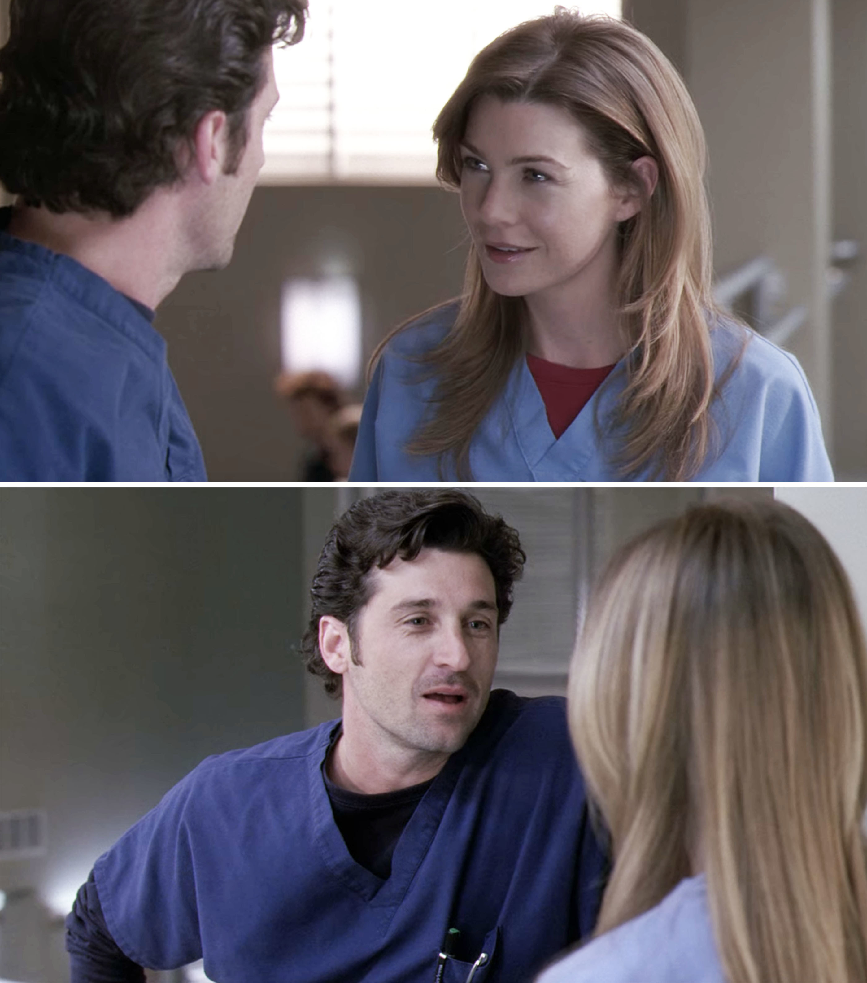 Meredith and Derek having a conversation in the hospital