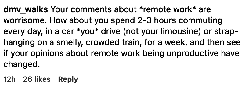 "How about you spend 2-3 hours commuting every day, in a car <em>you</em> drive (not your limousine) or strap-hanging on a smelly, crowded train, for a week, and then see if your opinions about remote work being unproductive have changed"