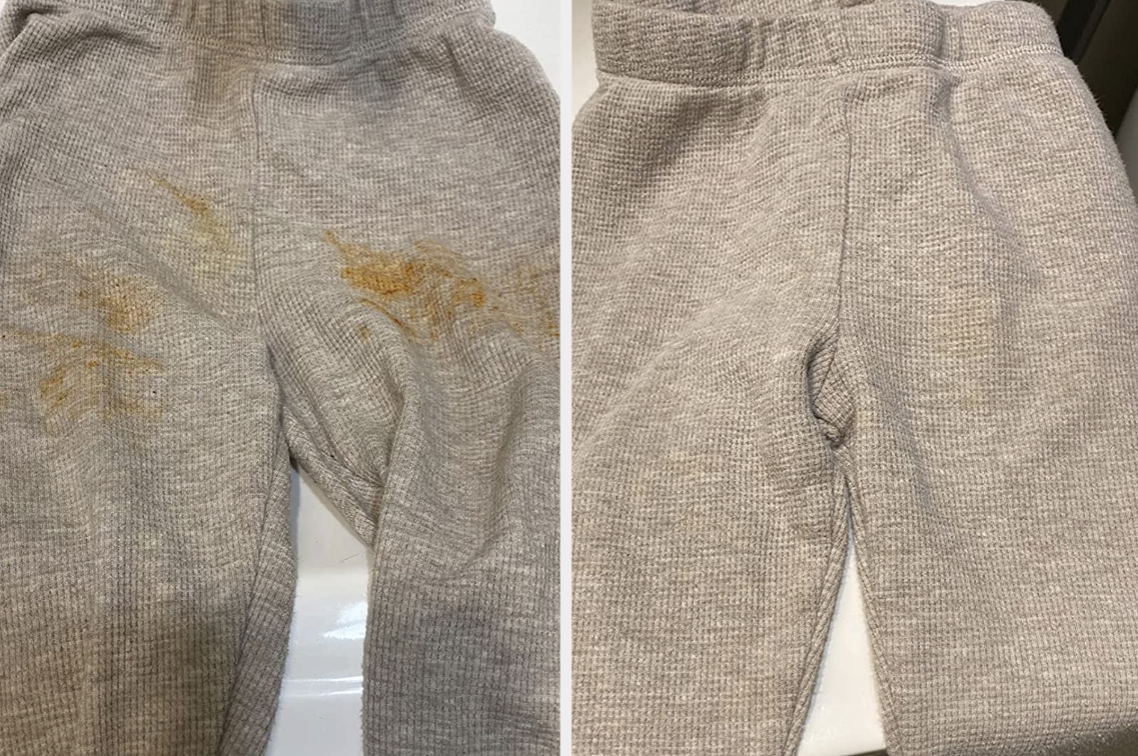 a reviewer&#x27;s grey sweatpants before with large yellow stains and after looking new