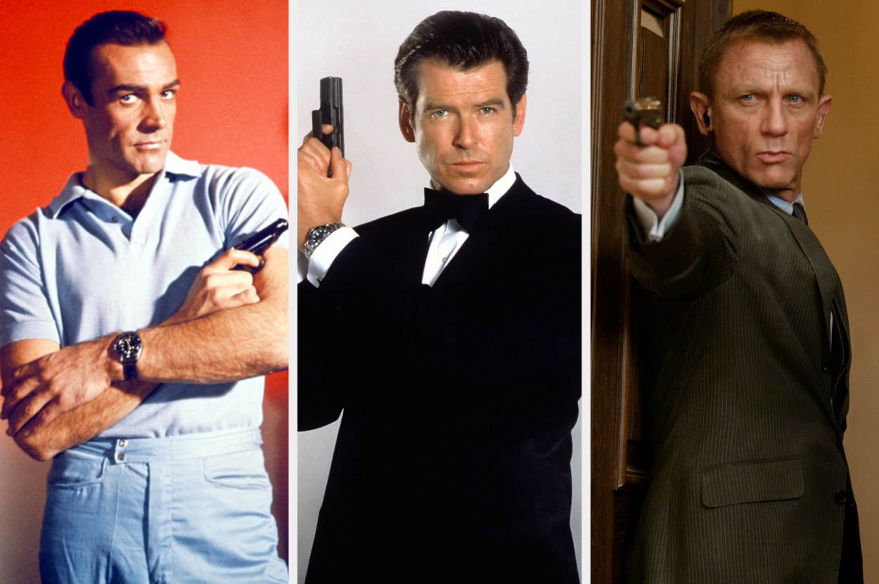Side-by-side of Sean Connery, Pierce Brosnan, and Daniel Craig as James Bond