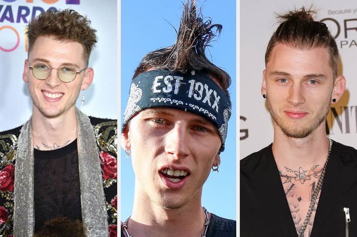 MGK rocking three different hairstyles including a faux hawk and a ponytail