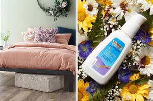 a platform bed frame on the left and a bottle of Differin facial sunscreen on the right