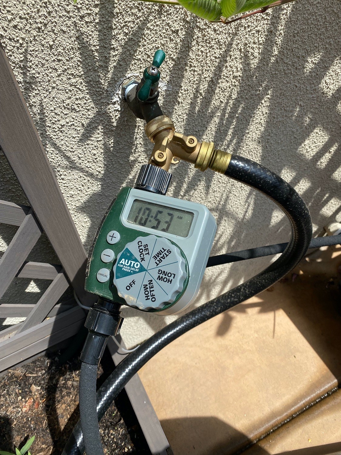 Reviewer&#x27;s photo of the hose timer attached to a hose faucet