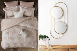 on left: pink bedding set on bed. on right: gold-tone statement wall mirror