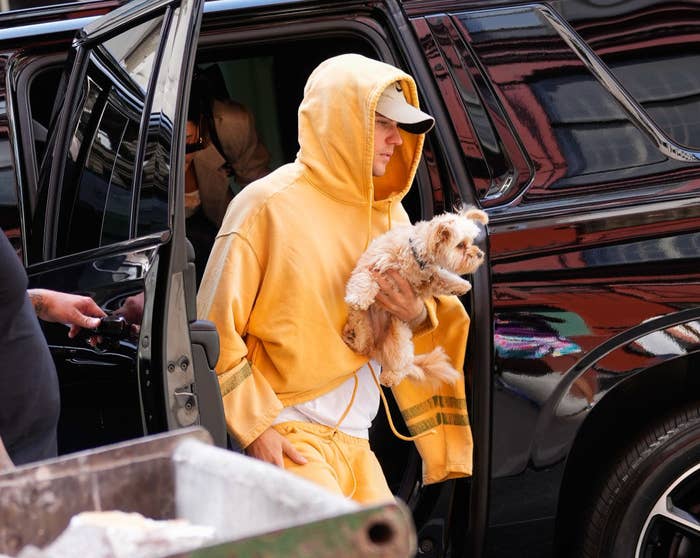 Justin Bieber and Hailey Bieber are seen with their dogs on May 12, 2023 in New York City