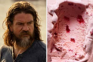 john on the left and strawberry ice cream on the right
