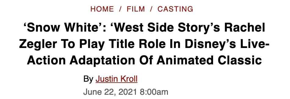 Headline about Rachel Zegler being cast as Snow White