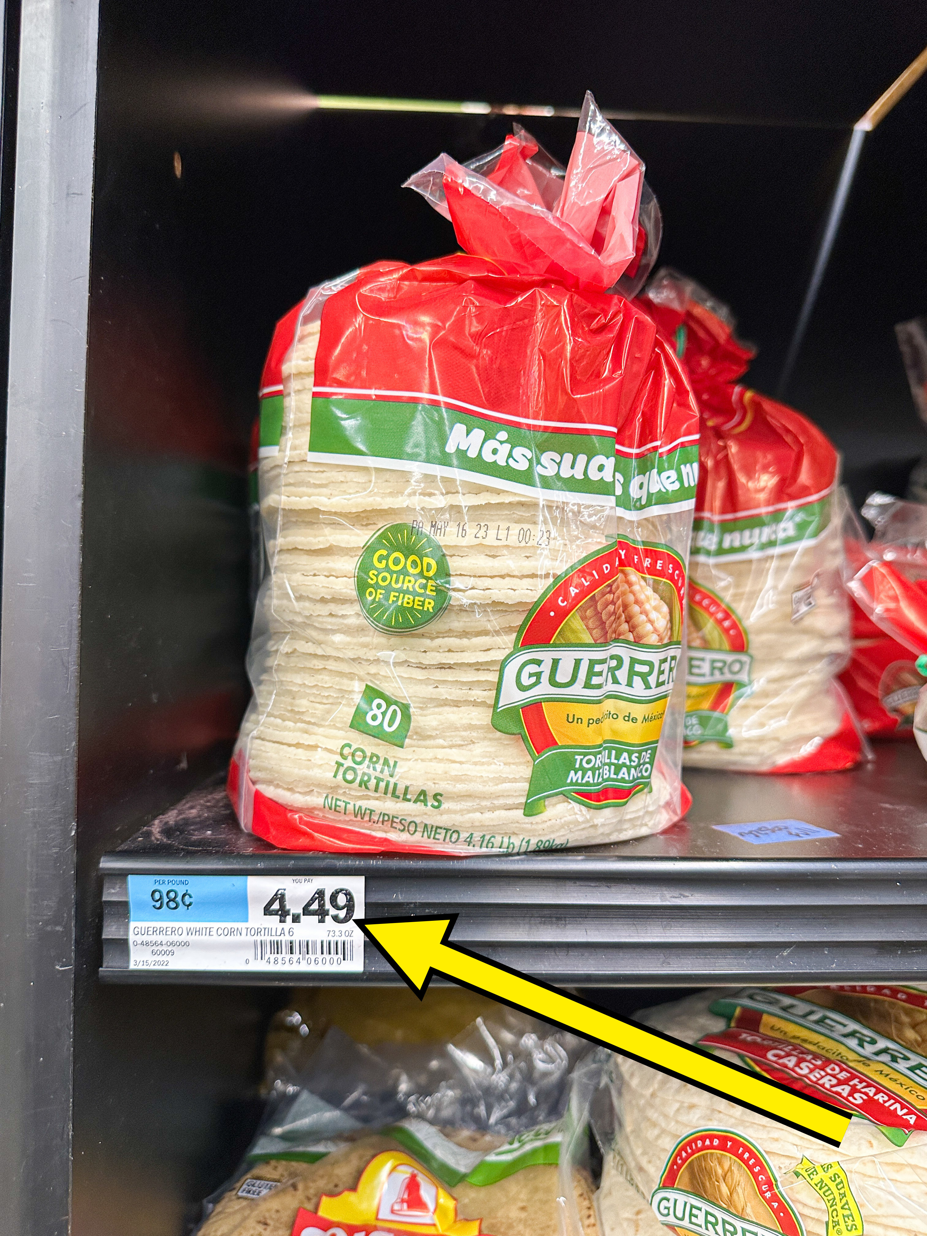 arrow pointing to tortillas for 4.49