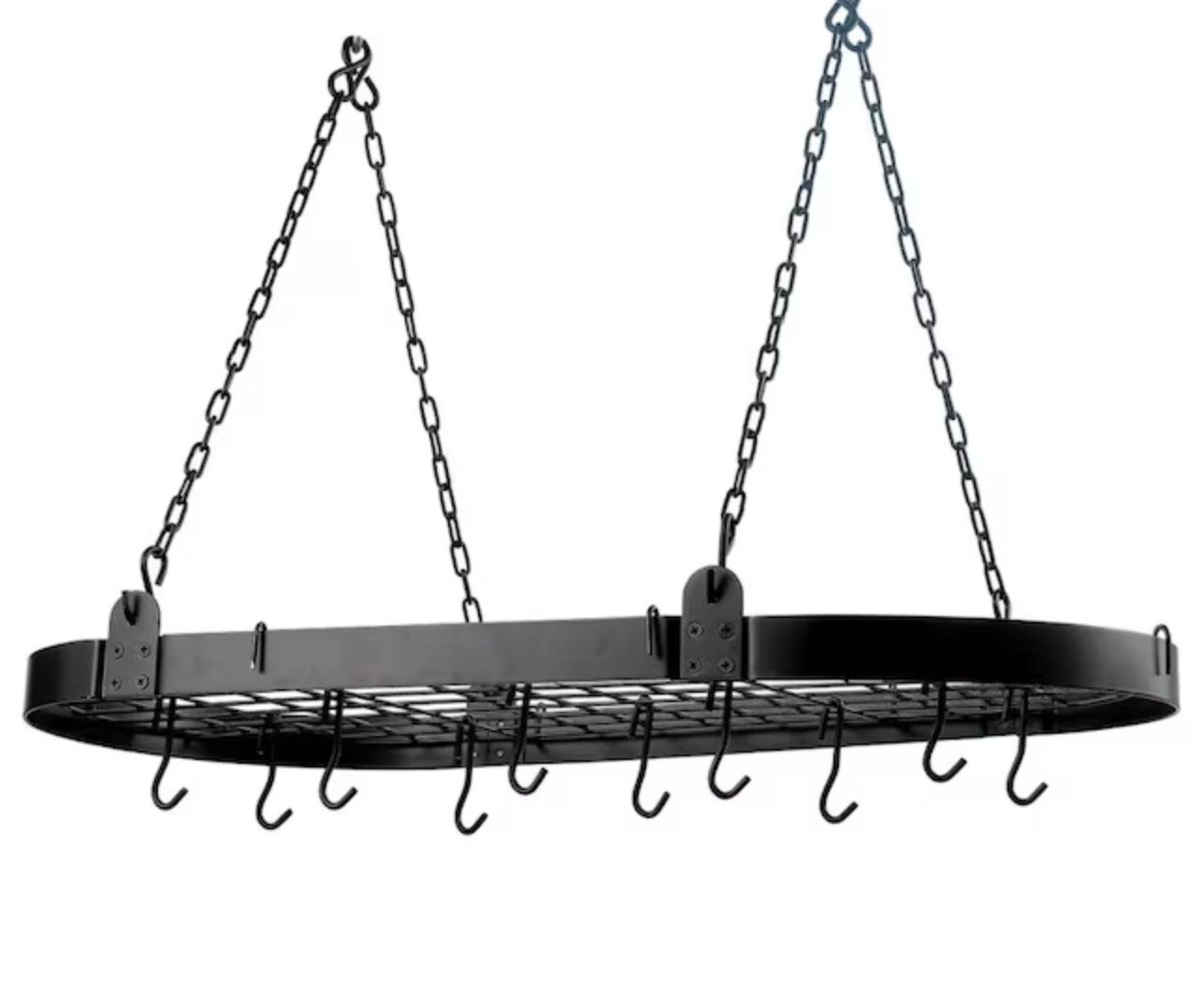 the black hanging pot rack with hooks attached