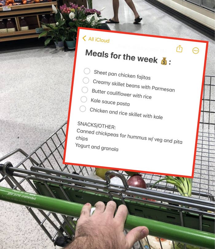 author shopping with a grocery cart with a meal plan for the week overlaid