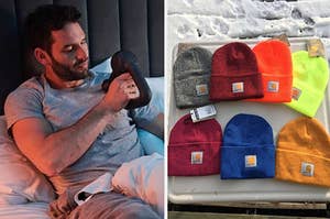 on left: model using a black massage gun on their shoulder. on right: colorful Carhartt beanies