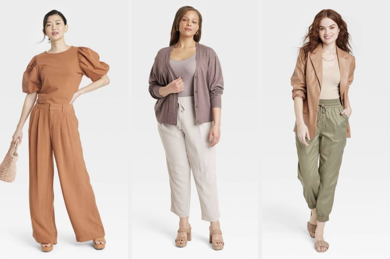 on left: model wearing orange wide leg pants. in middle: model wearing drawstring wide leg pants. on right: model wearing green joggers