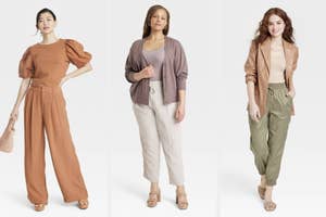 on left: model wearing orange wide leg pants. in middle: model wearing drawstring wide leg pants. on right: model wearing green joggers