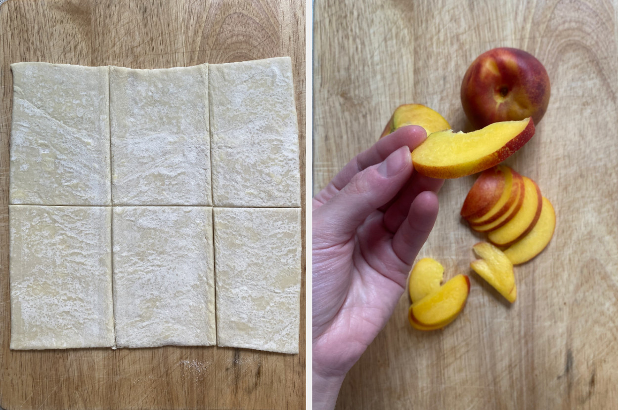 A split image of puff pastry on the left and sliced peaches on the right