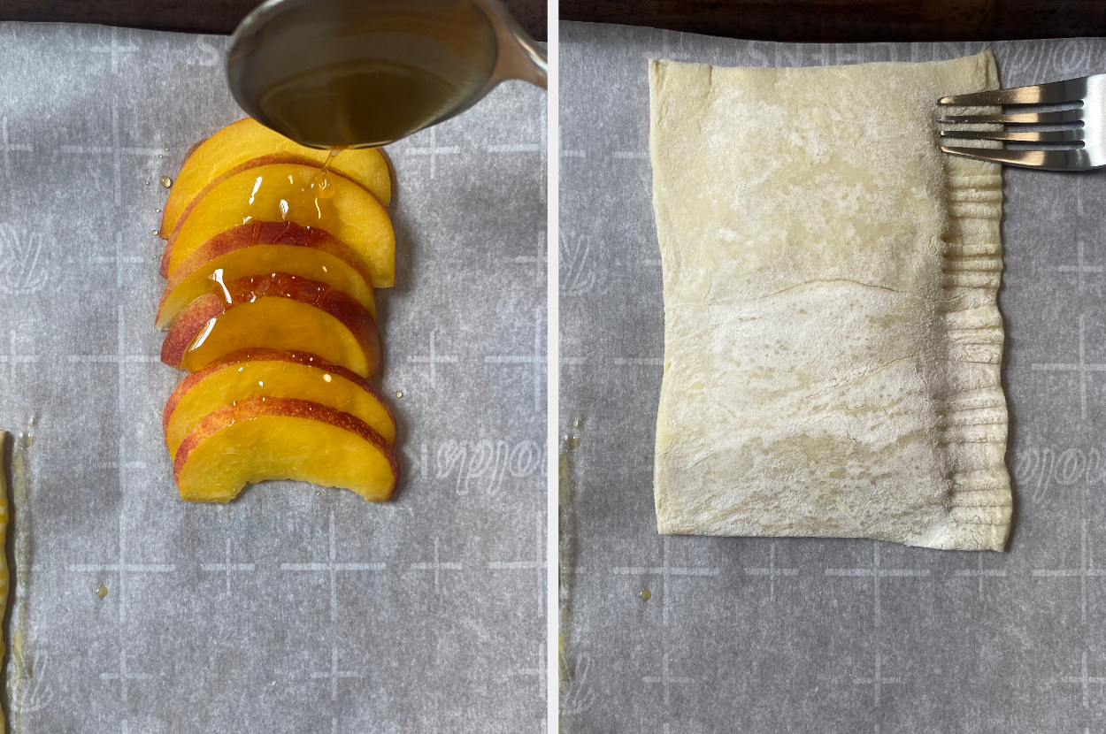 Peaches being drizzled with honey on the left and a pastry being crimped with a fork on the right