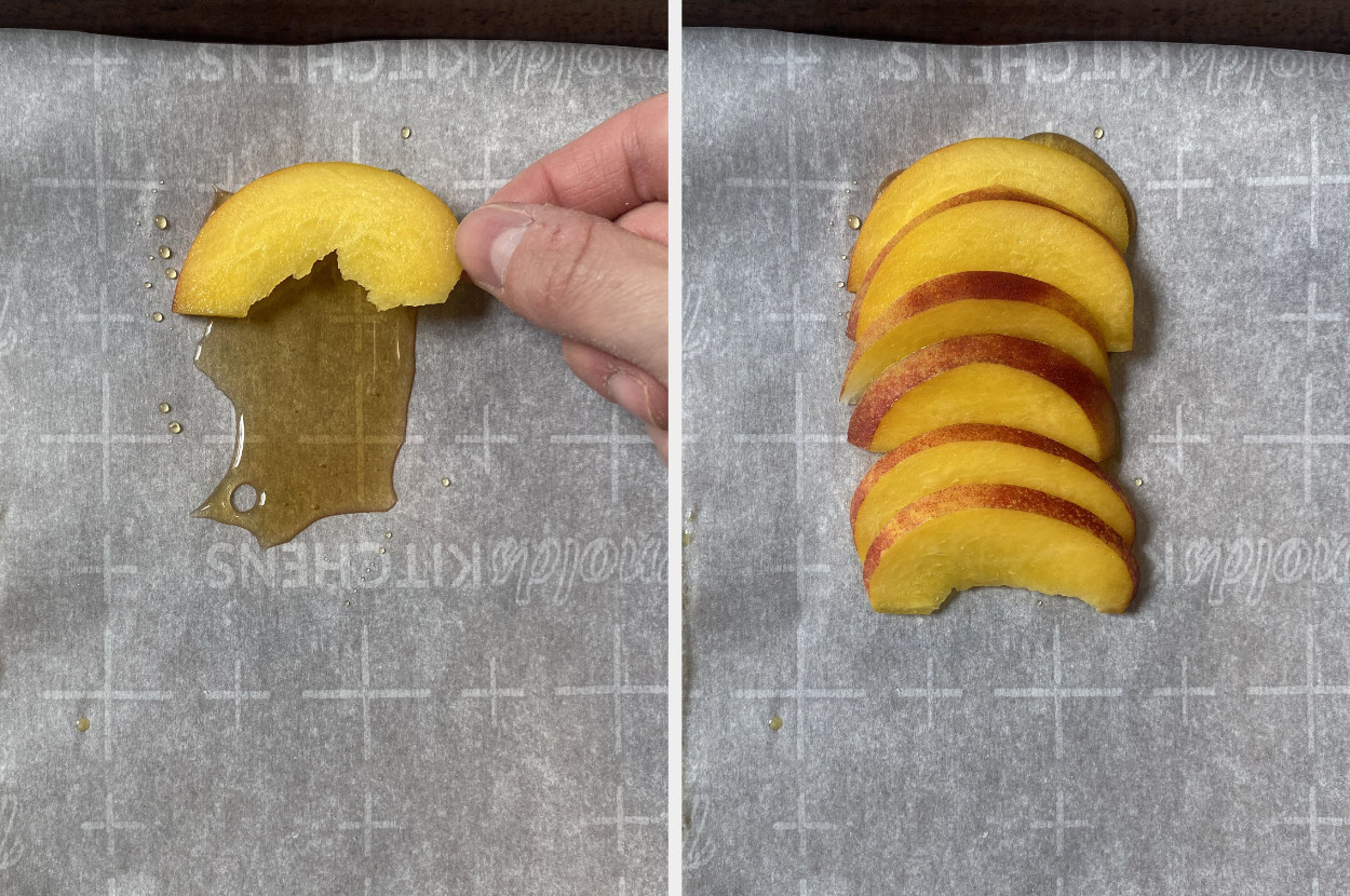 laying nectarines on honey on a sheet of parchment paper