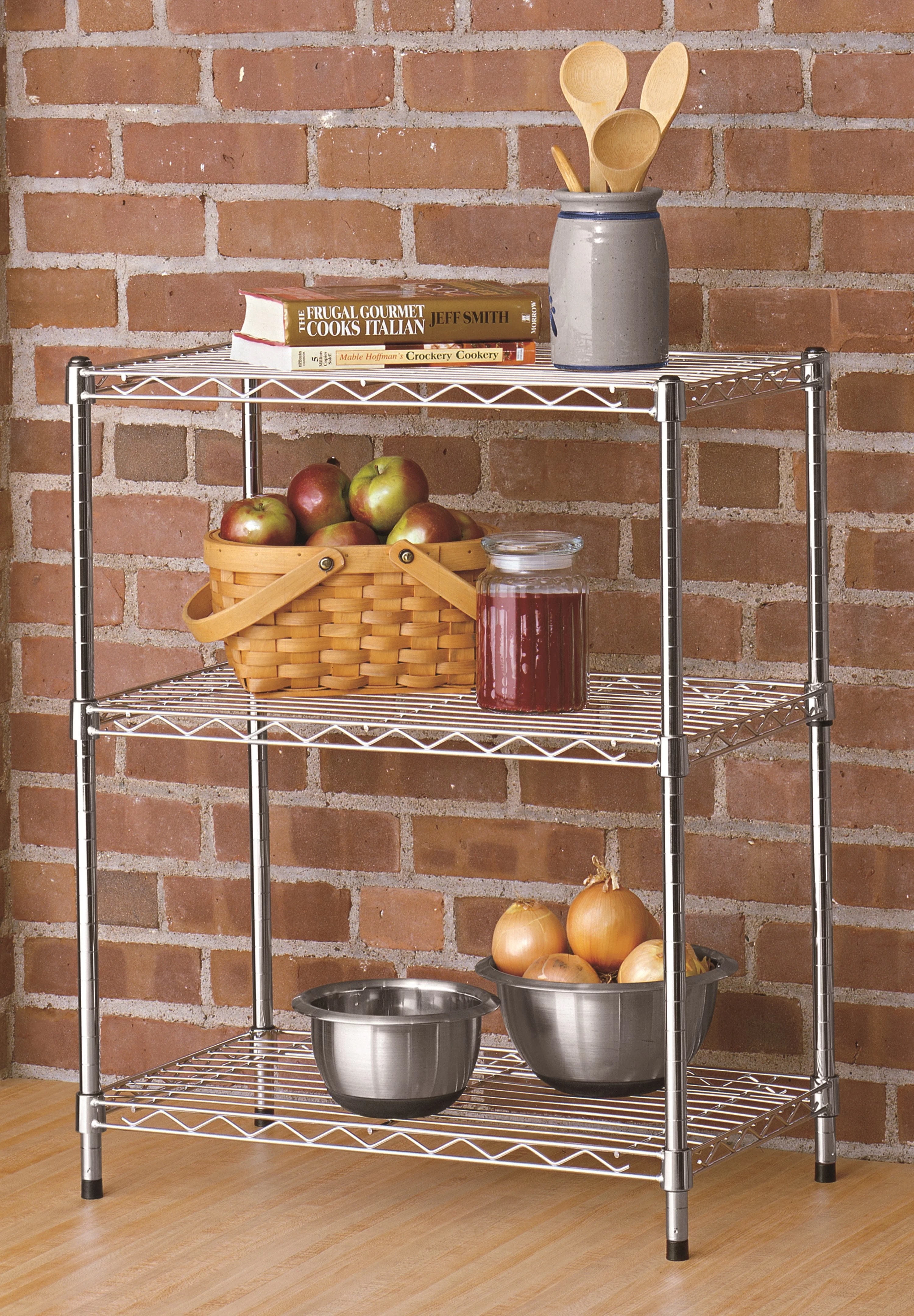 the chrome wire shelf with kitchen supplies on it
