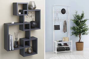 a black four-cube hanging wall shelve and a white hallway organizer 