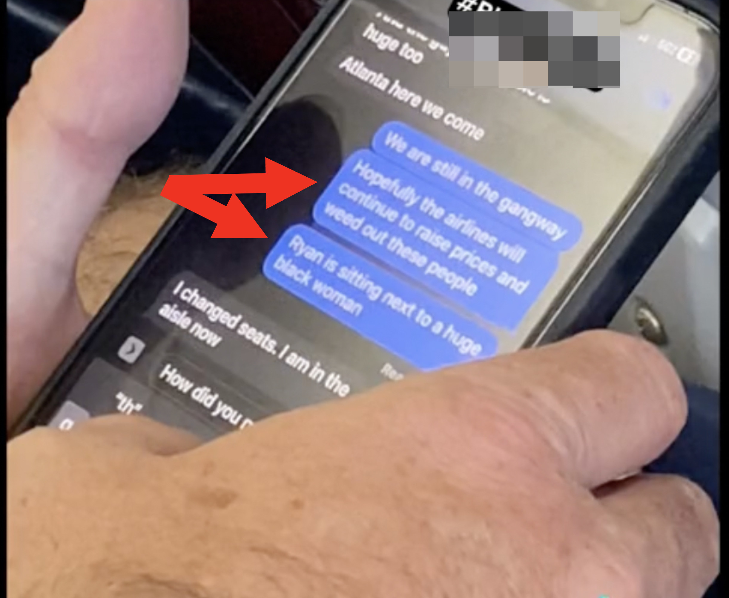 Text messages that read, "Hopefully the airlines will continue to raise prices and weed out these people" and "Ryan is sitting next to a huge black woman"
