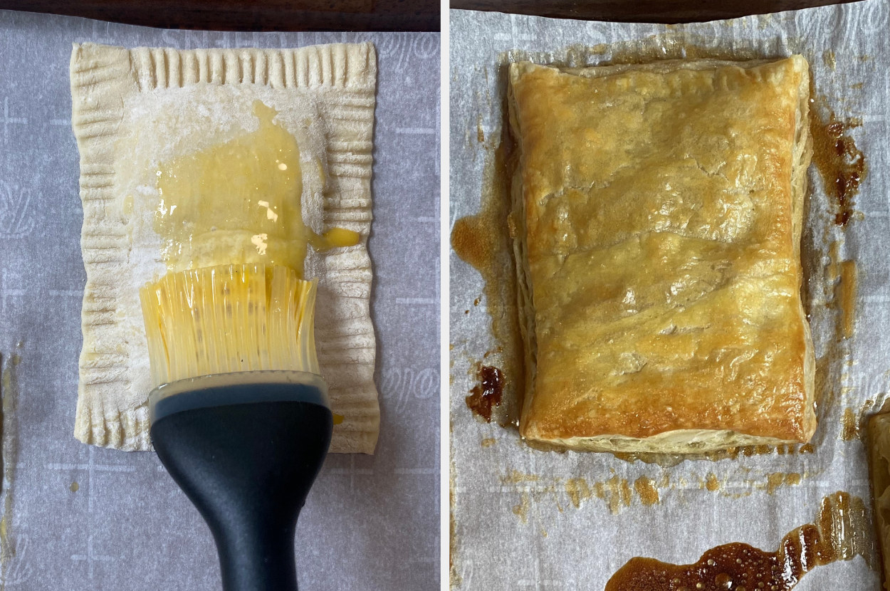 A pastry brushed with egg wash on the left and the same pastry after it&#x27;s cooked on the right