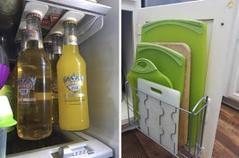 glass drinks lofted from magnets on fridge ceiling, inside of kitchen cabinet door with cutting boards in door organizer