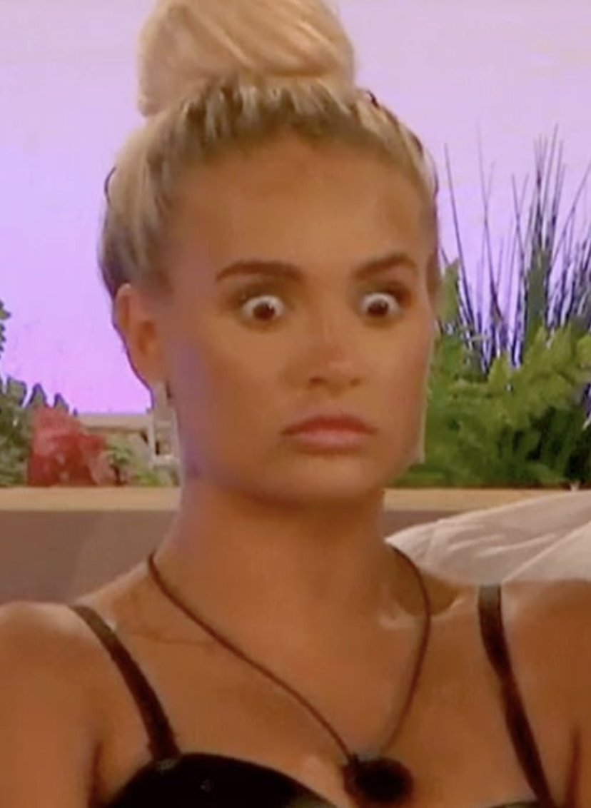 Close-up of Molly-Mae from Love Island looking shocked