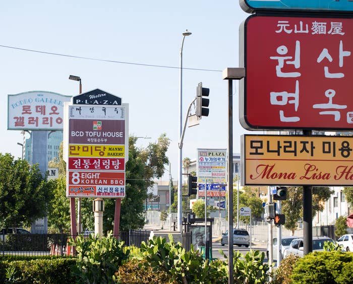 street view of Koreatown business signs with Korean letters in LA&#x27;s Koreatown