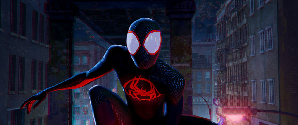 Miles Morales as Spider-Man crouching on a high-rise structure