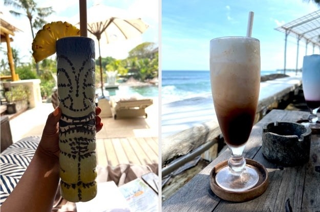 a tiki cup on the left and a glass of iced mocha on the right